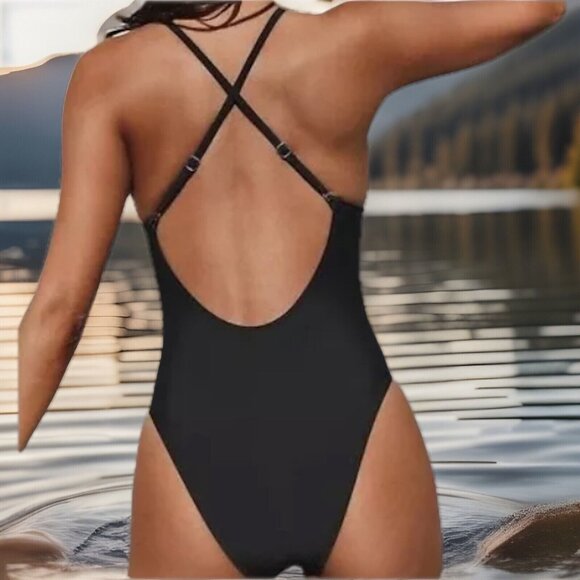 Cupshe Womens One-Piece Swimsuit Large Black V-Wire Plunge Neckline Cross Back - Picture 4 of 10